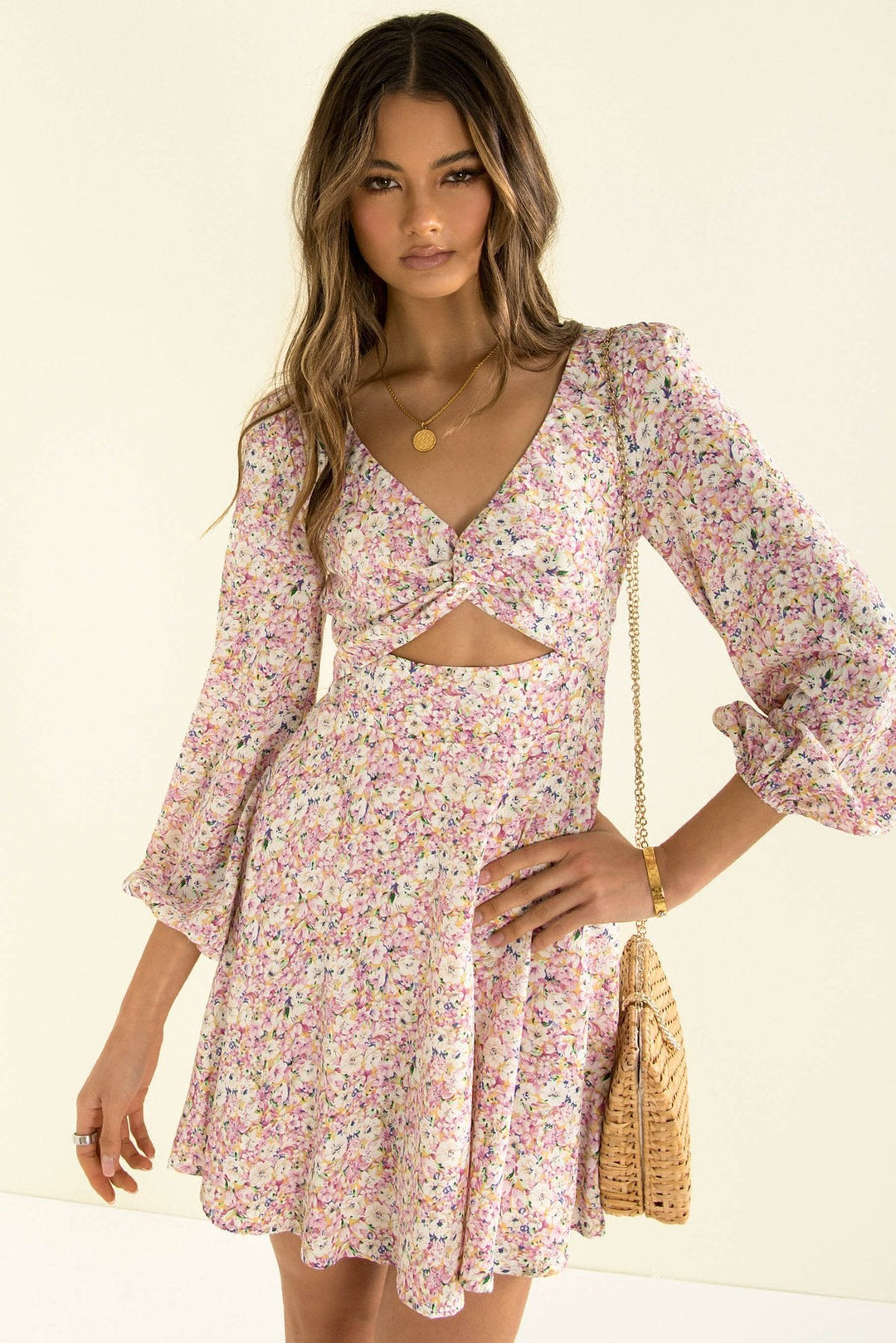Cutout V-Neck Ditsy Floral Mini Dress