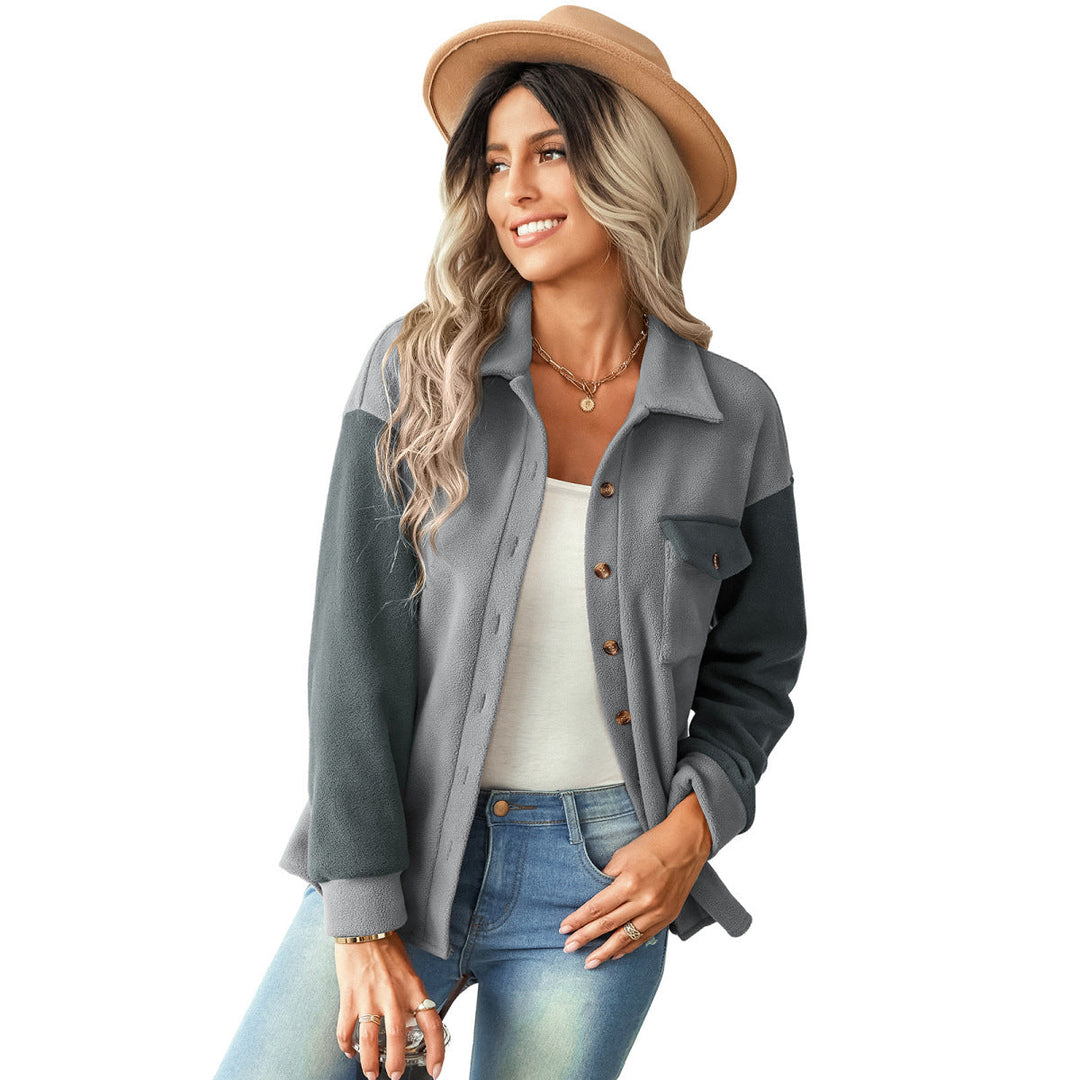 Shirt Collared Long Sleeve Single-Breasted Colorblock Jackets With Pockets