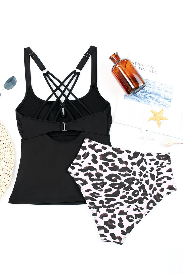 High Waist Notch Neckline Strappy Tankini Contrast Swimsuit