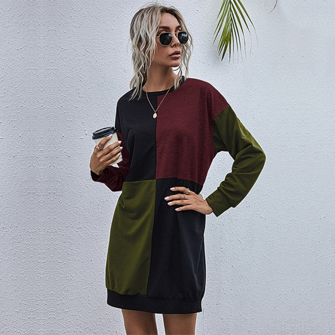 Round Neck Long Sleeve Colorblock Mini Dress