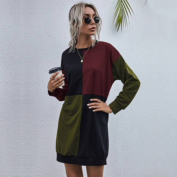 Round Neck Long Sleeve Colorblock Mini Dress