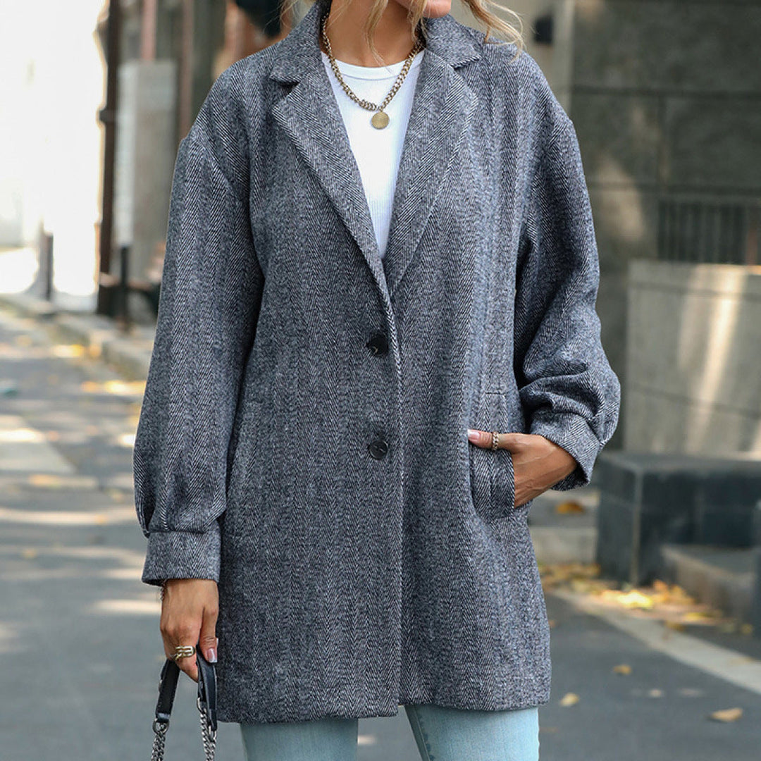 Gray Lapel Neck Balloon Sleeve Button Down Long Blazer