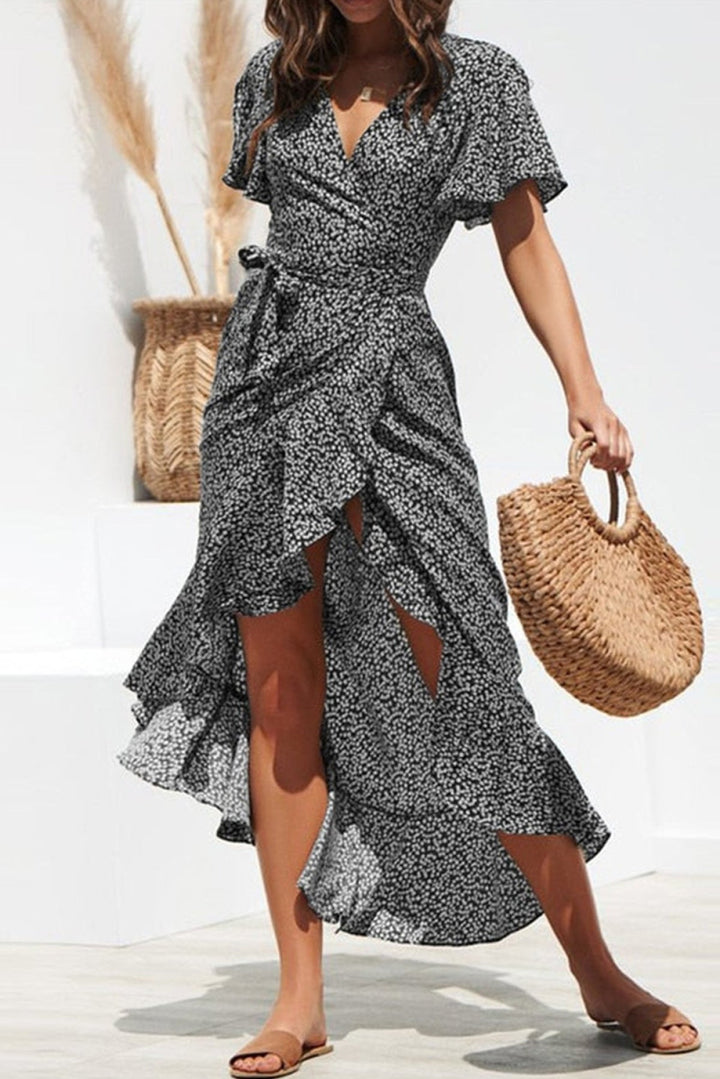 Boho Floral Print Belted Wrap Slit Maxi Dress