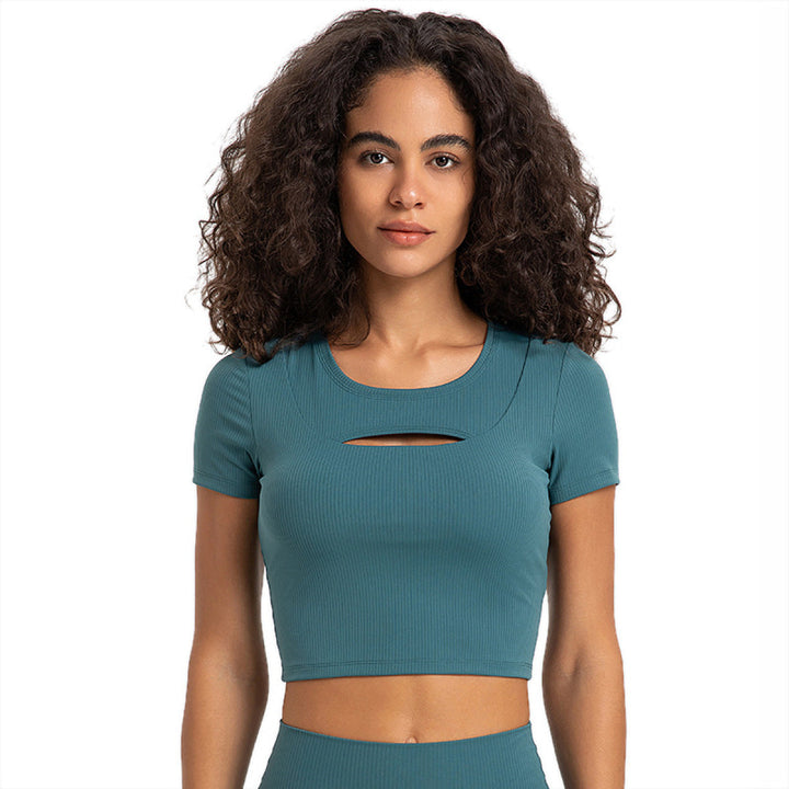 Solid Ribbed Round Neck Cut Out Crop Active Top
