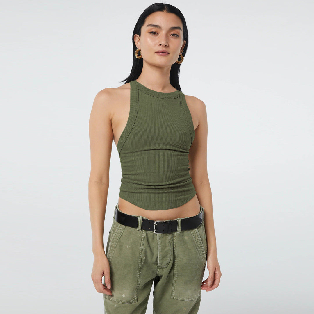 Ribbed Round Neck Sleeveless Backless Tank Top