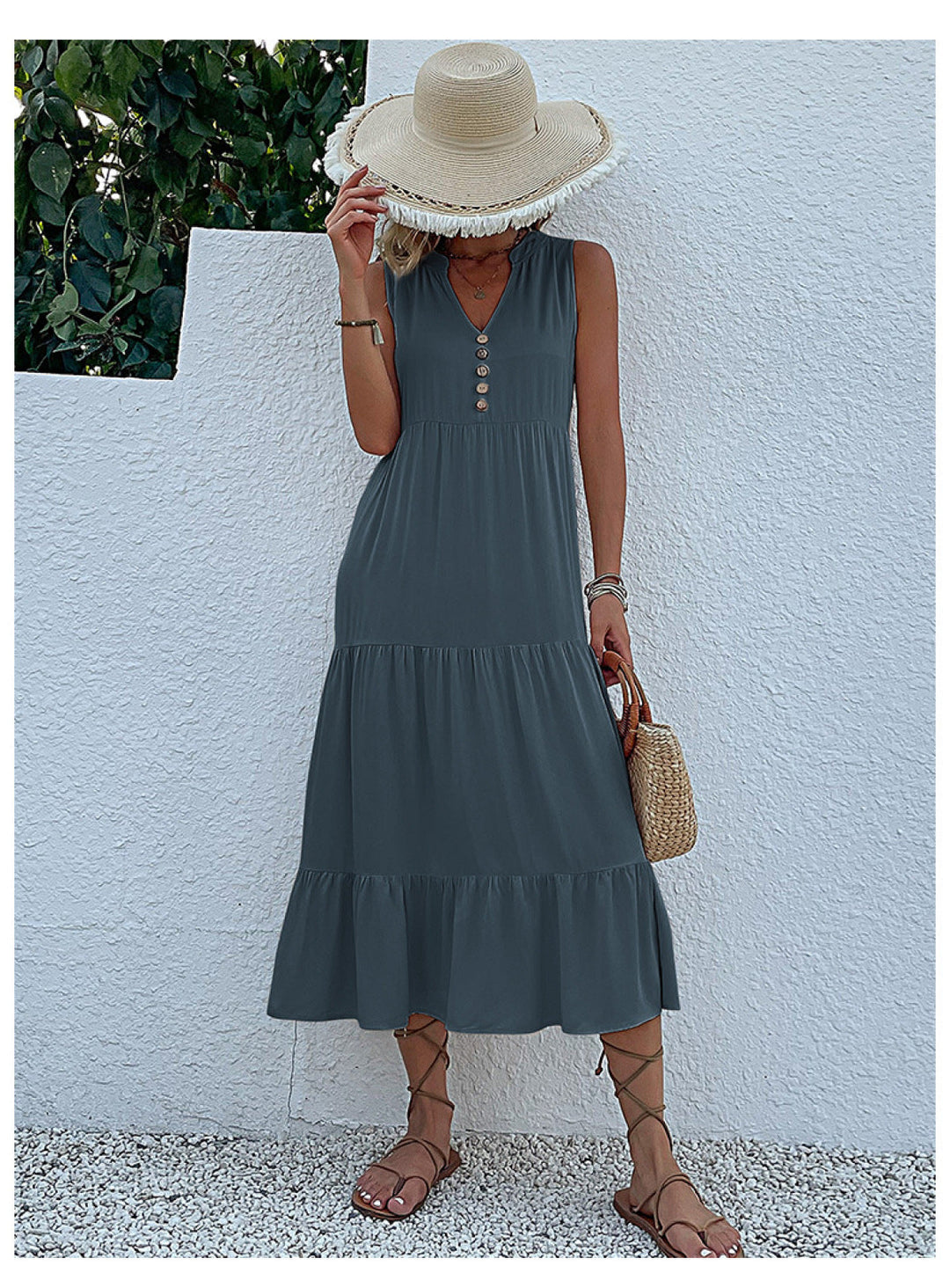 Solid Notched Buttoned Tiered Maxi Dress