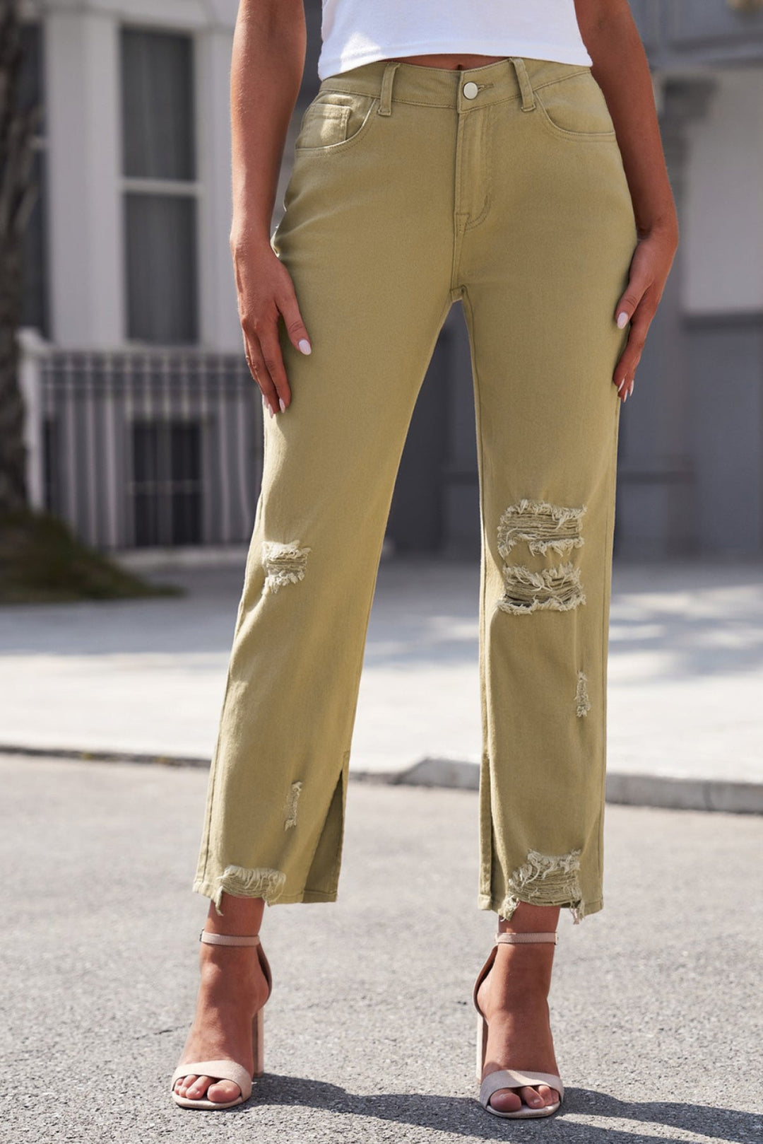 Distressed Raw Hem Straight Leg Jeans