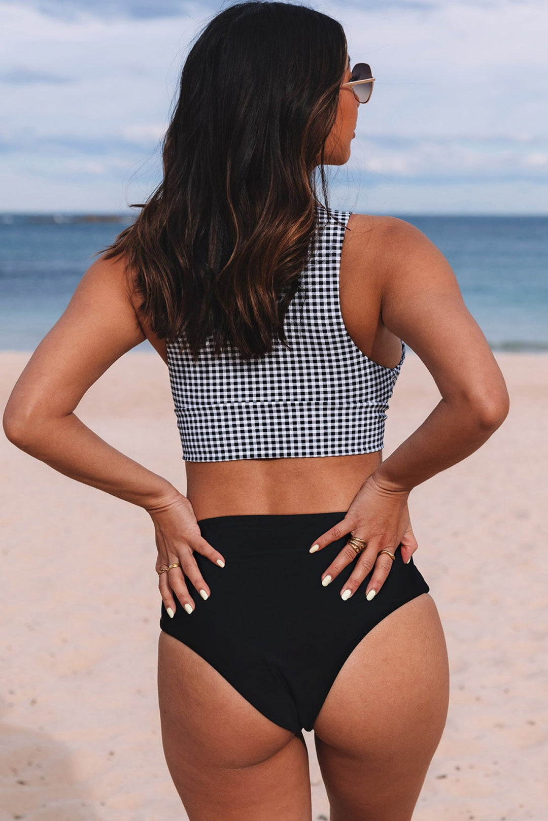 Deep V Neck Tie Front Bikini High Waist Swimsuit