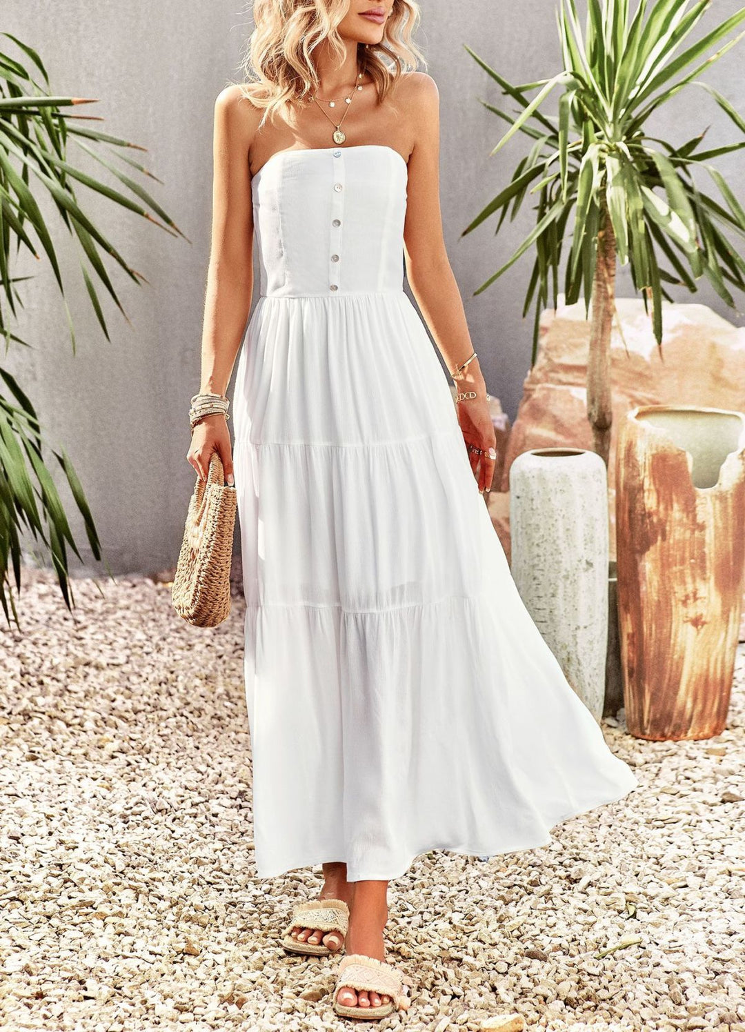 Strapless Buttoned Pleated Tiered Dress With Pocket