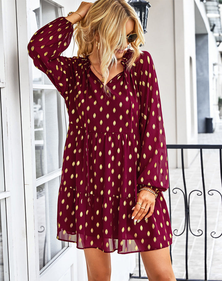 V-Neck Balloon Sleeve Polka Dot Dress - Mini Dress
