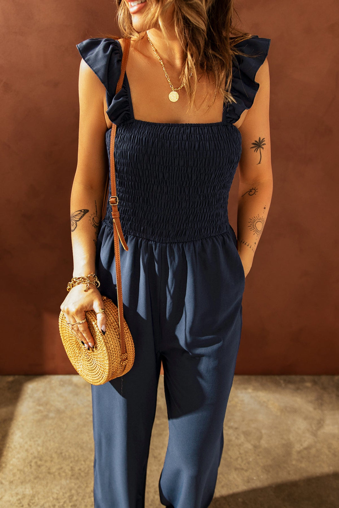 Flutter Sleeve Smocked Wide Leg Jumpsuit