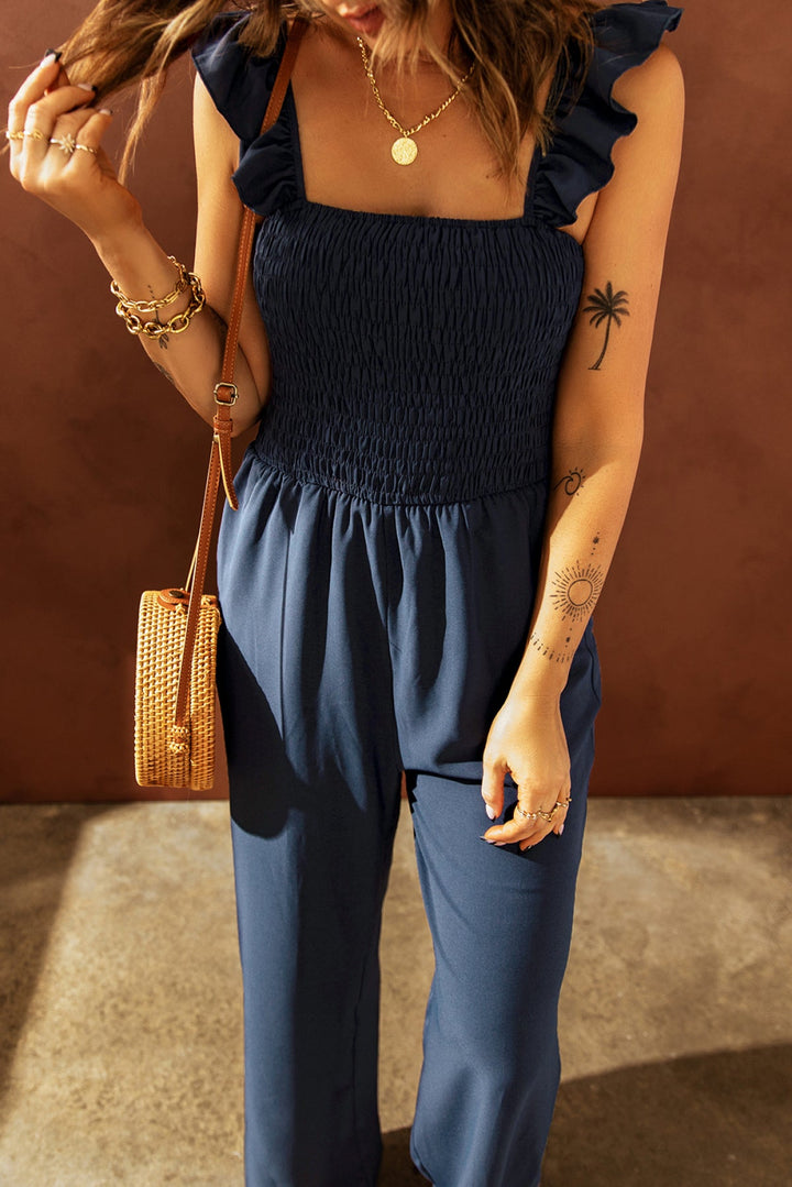 Flutter Sleeve Smocked Wide Leg Jumpsuit