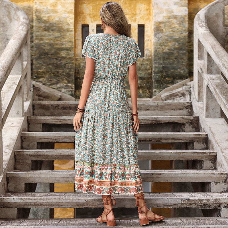 Boho Ruffled Sleeve Ditsy Floral Swing Dress