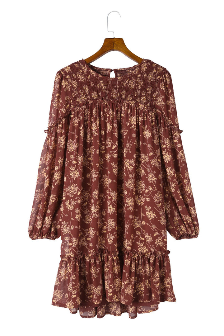 Red Ruffled Puff Sleeve High Low Floral Babydoll Dress