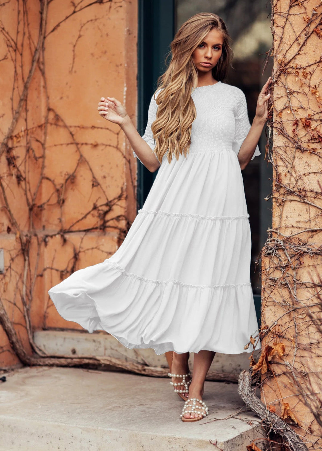 Round Neck Solid Color Smocked A-line Tiered-layered Dress