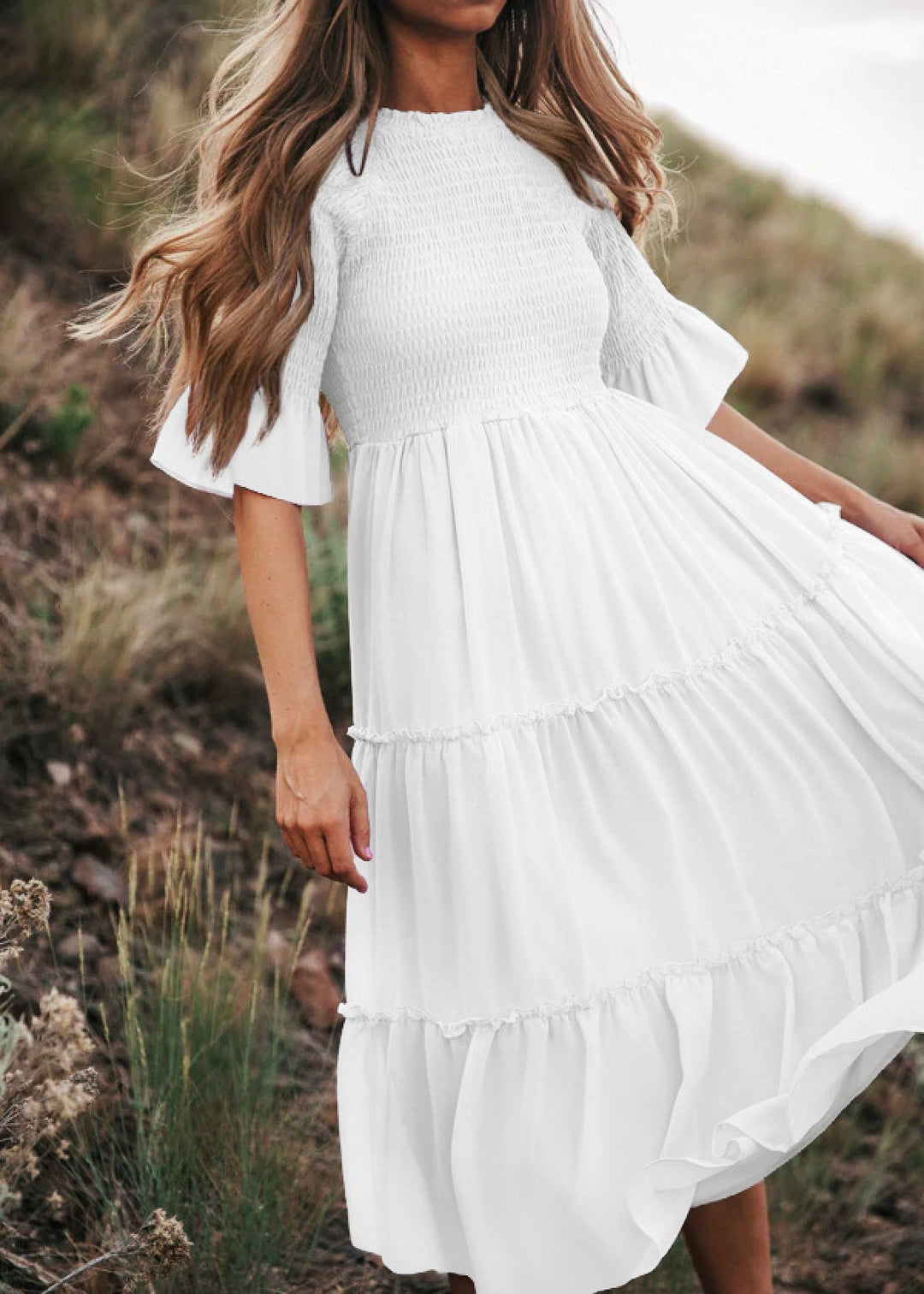 Round Neck Solid Color Smocked A-line Tiered-layered Dress