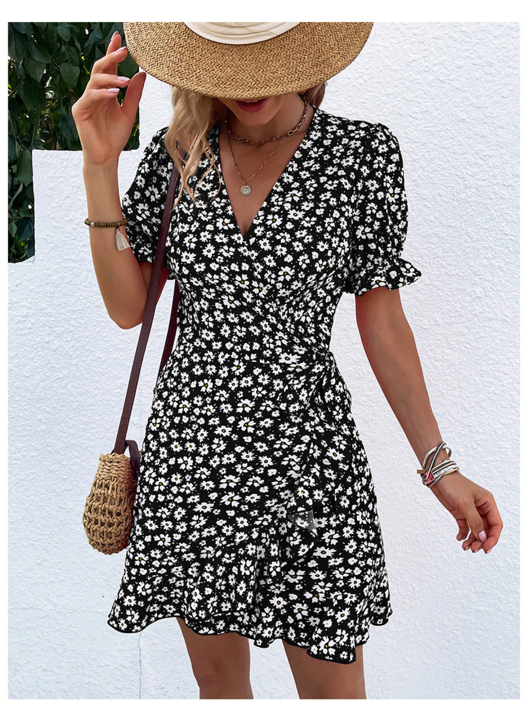 Surplice Puff Sleeve Tie-waist Ditsy Floral Wrap Dress