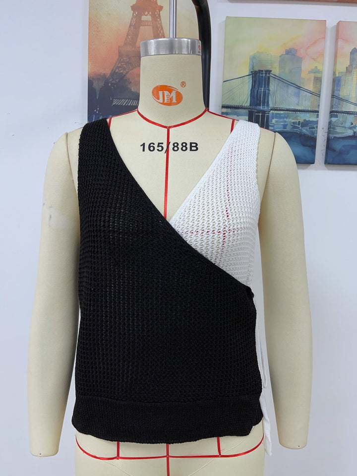 V-Neck Patchwork Knot Fold Sleeveless Top