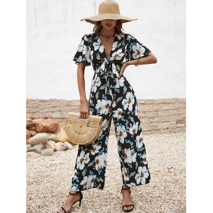 Deep V Flare Sleeve Knot Front Floral Jumpsuit