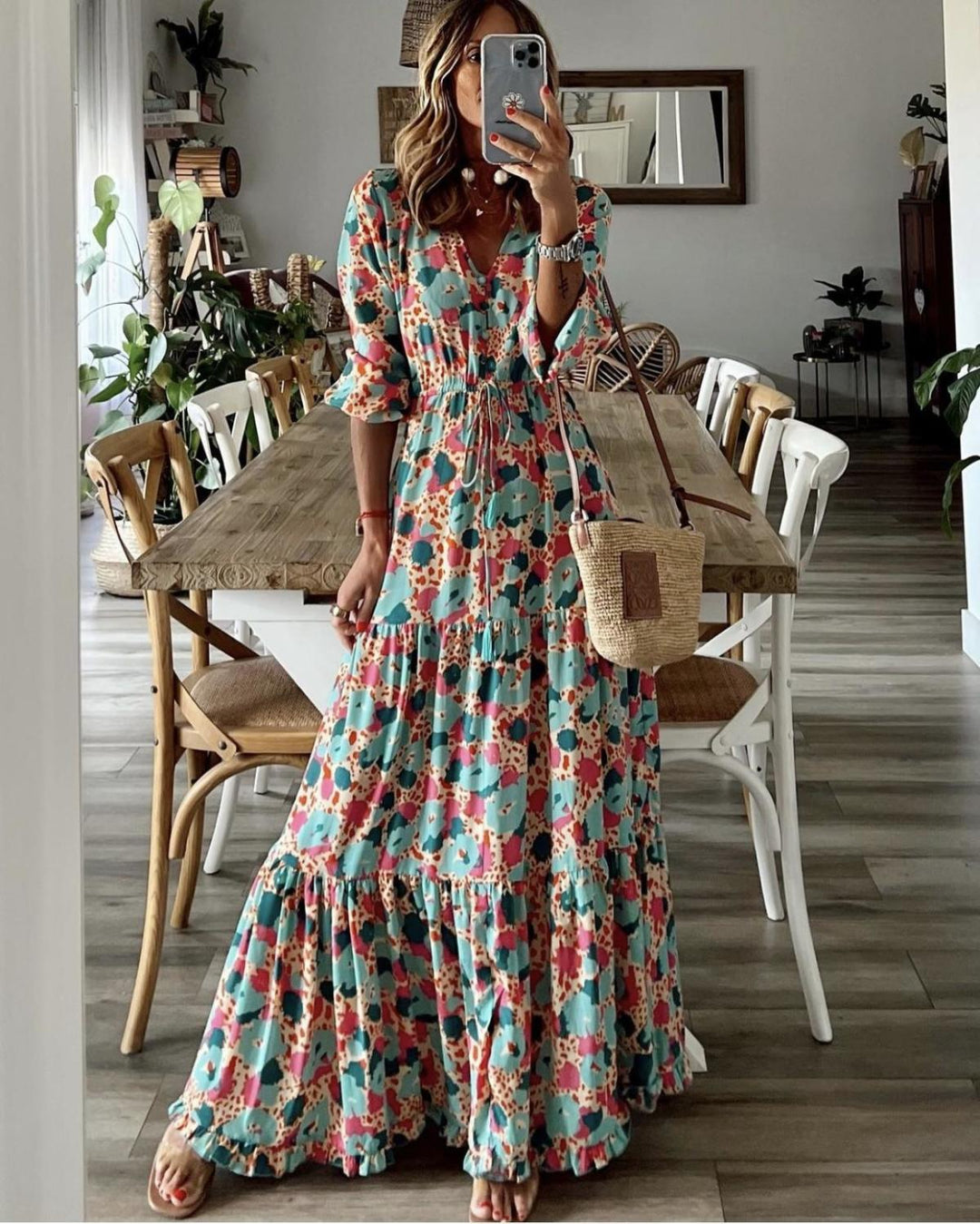 Floral Short Sleeve Tie Waist Swing Dress