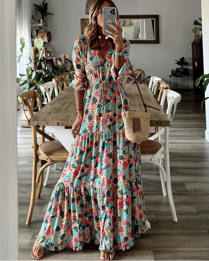 Floral Short Sleeve Tie Waist Swing Dress
