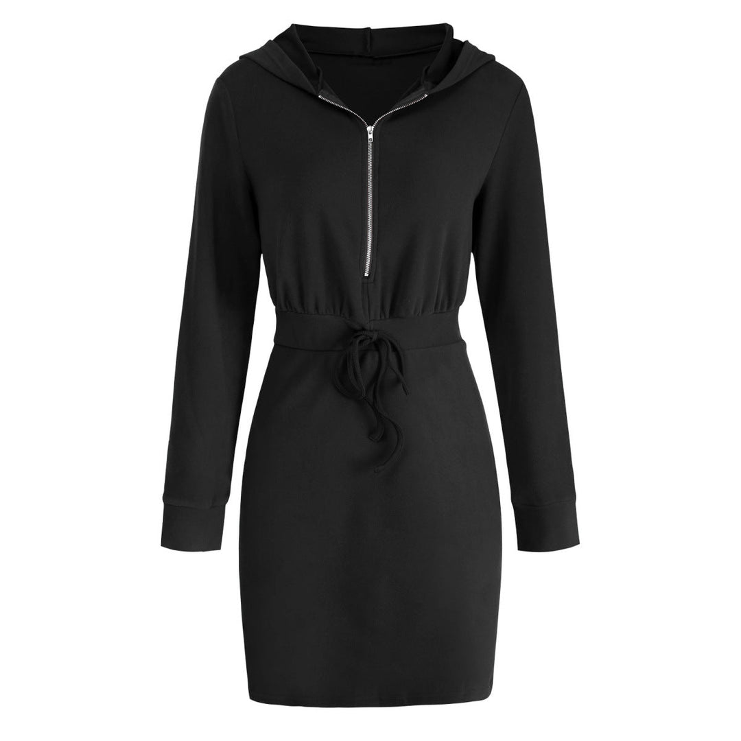Solid Long Sleeve Zipper Up Hooded Mini Dress