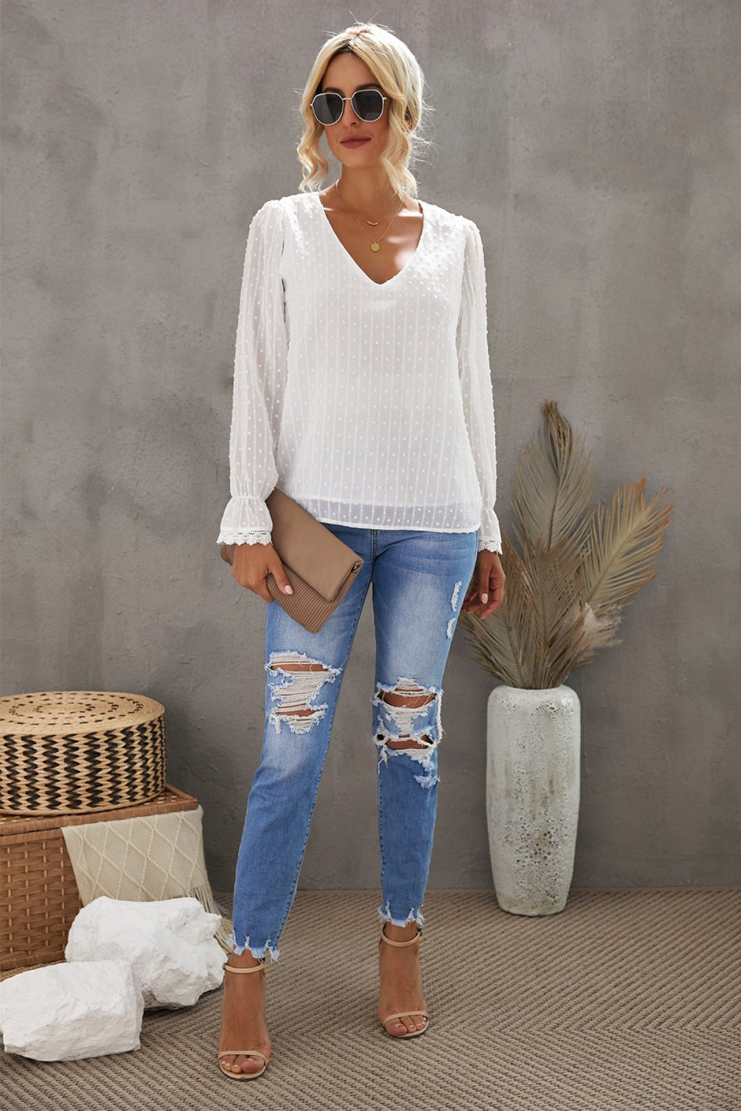 V Neck Puff Sleeve Swiss Dot Blouse