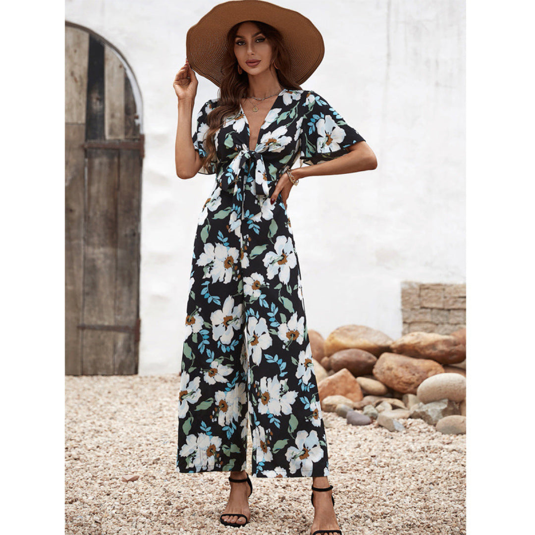 Deep V Flare Sleeve Knot Front Floral Jumpsuit