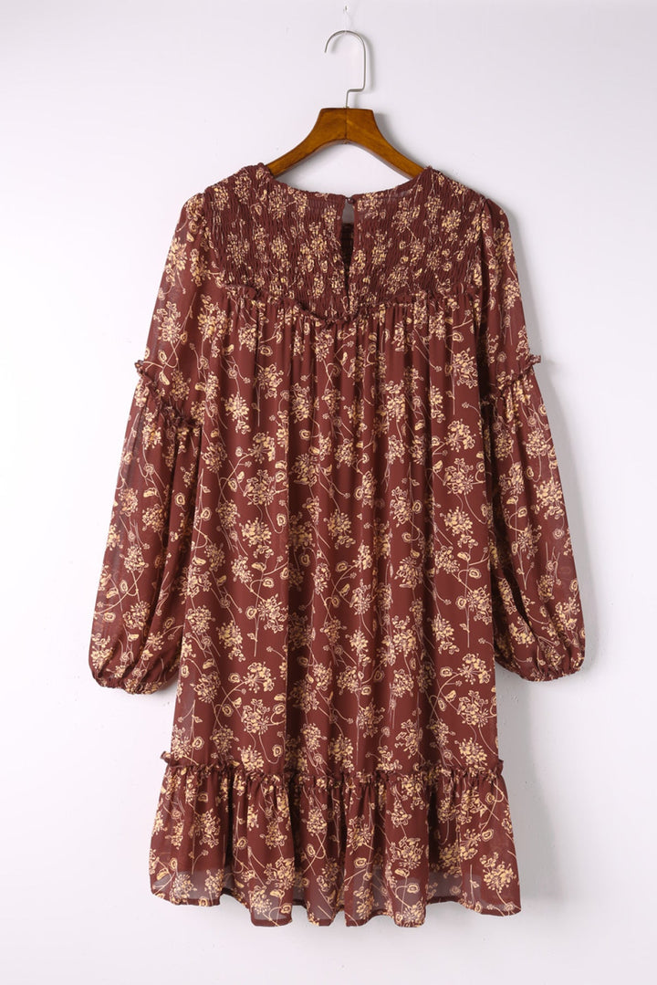 Red Ruffled Puff Sleeve High Low Floral Babydoll Dress