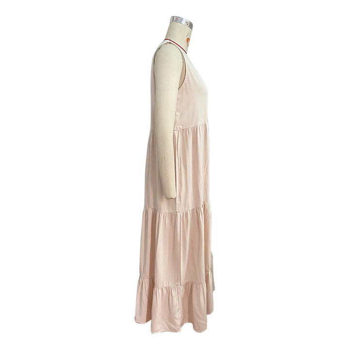 Solid Notched Buttoned Tiered Maxi Dress