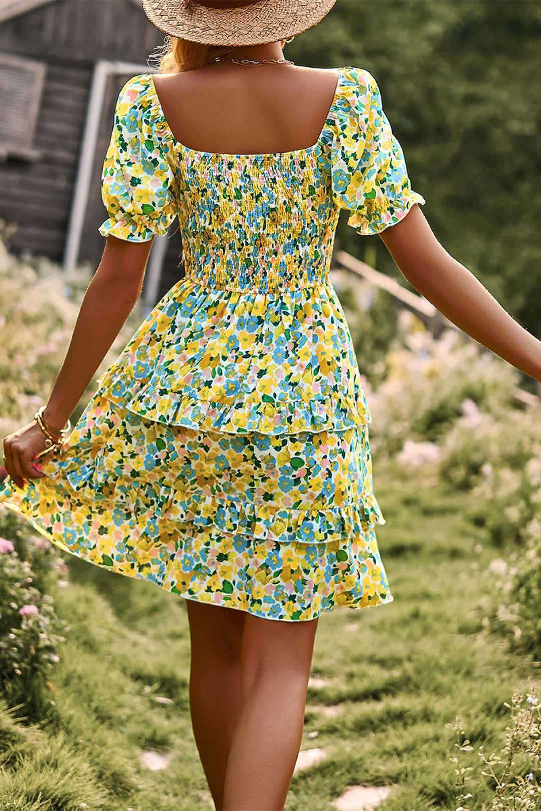 Floral Off-the-shoulder Puff Sleeve Tiered Dress