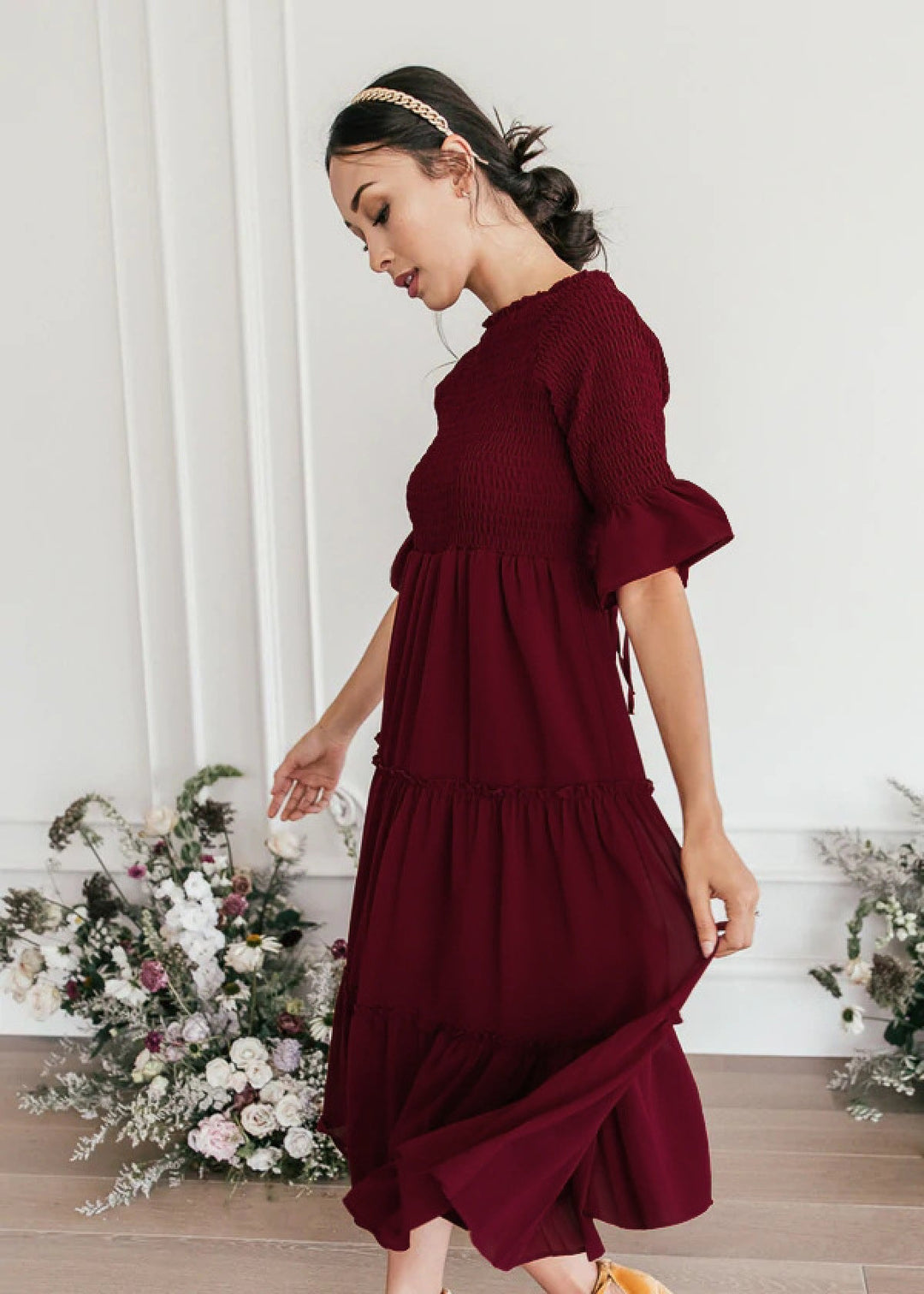 Round Neck Solid Color Smocked A-line Tiered-layered Dress