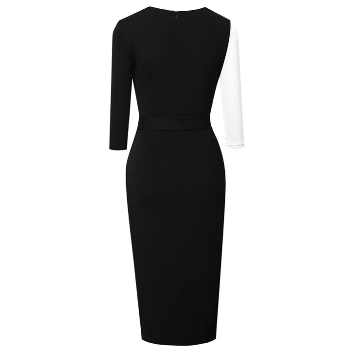 Notched Neck Three-Quarter Sleeve Tie Waist Colorblock Slit Midi Dress