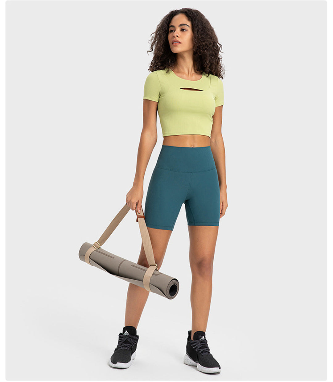 Solid Ribbed Round Neck Cut Out Crop Active Top