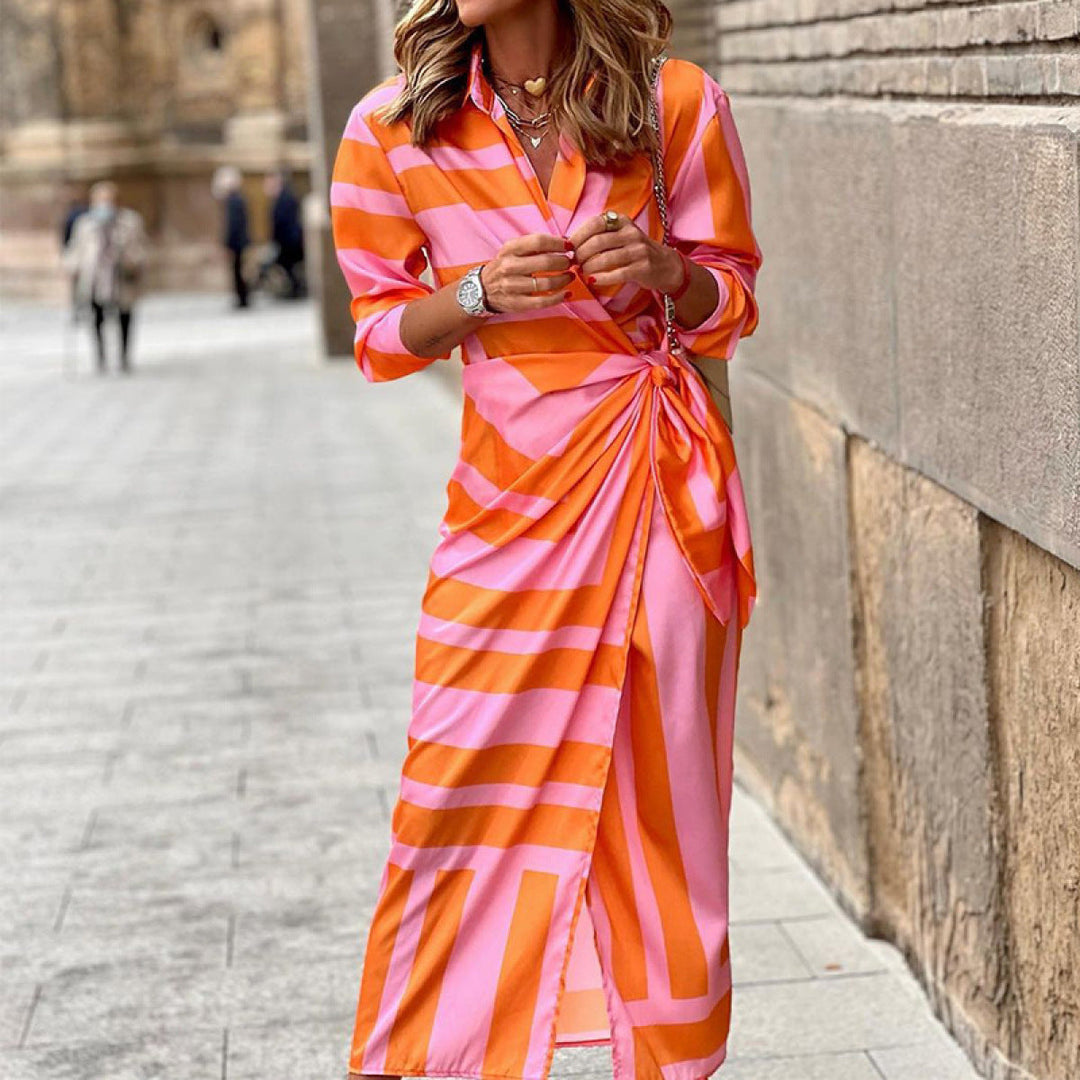 Striped Long Sleeve Surplice Tie Waist Dress