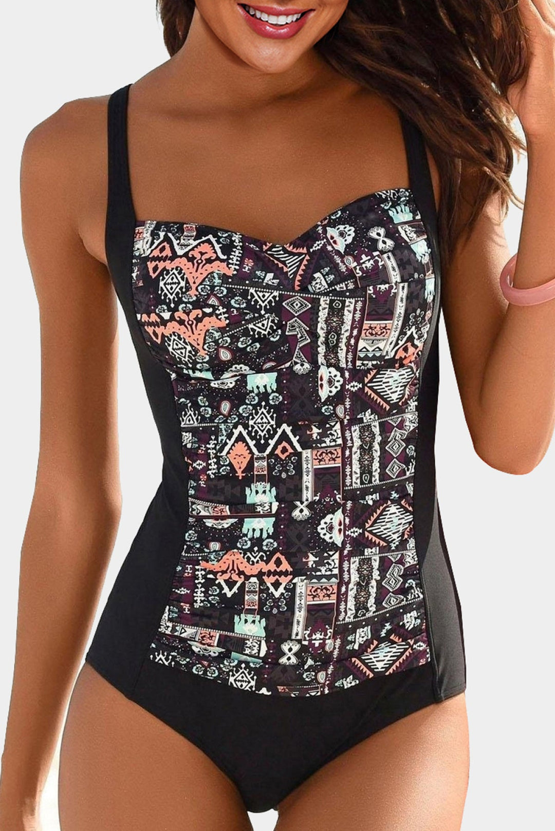 Black Boho Print One Piece Swimwear