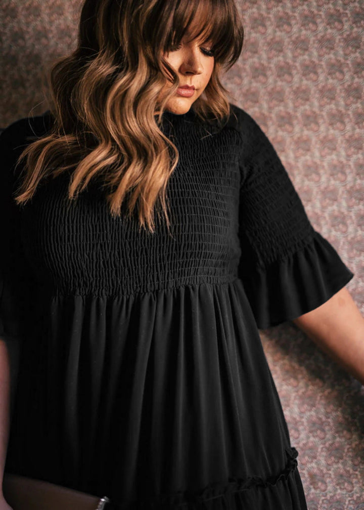 Round Neck Solid Color Smocked A-line Tiered-layered Dress
