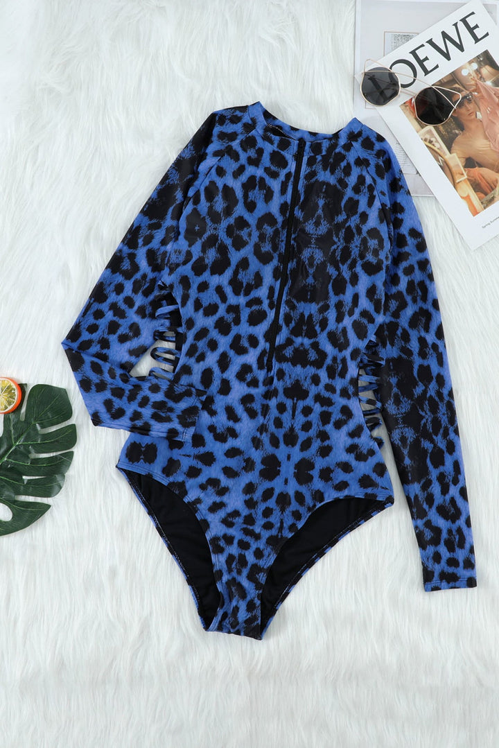Leopard Print Zipper Cut-Out Swimsuit
