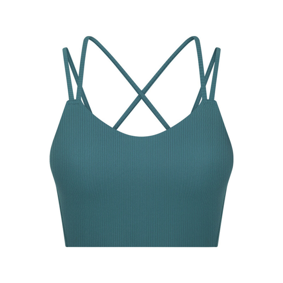 Solid Ribbed Double Shoulder Straps Crisscross Sports Bras