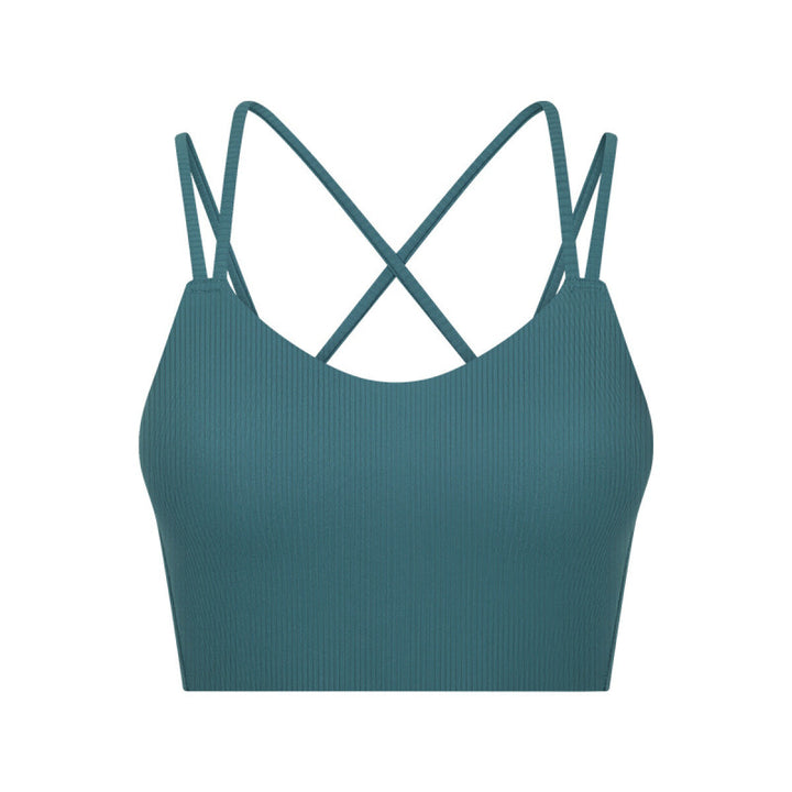 Solid Ribbed Double Shoulder Straps Crisscross Sports Bras