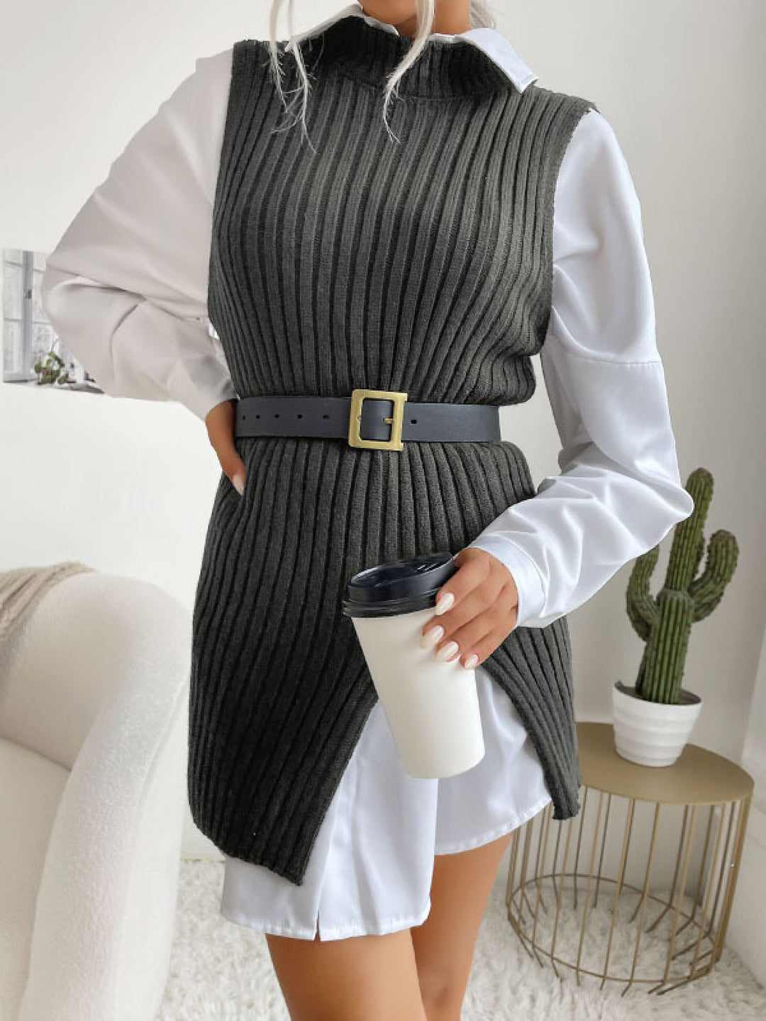 Solid Sleeveless Mockneck Side-Slit Knit Vest Dress without Belt