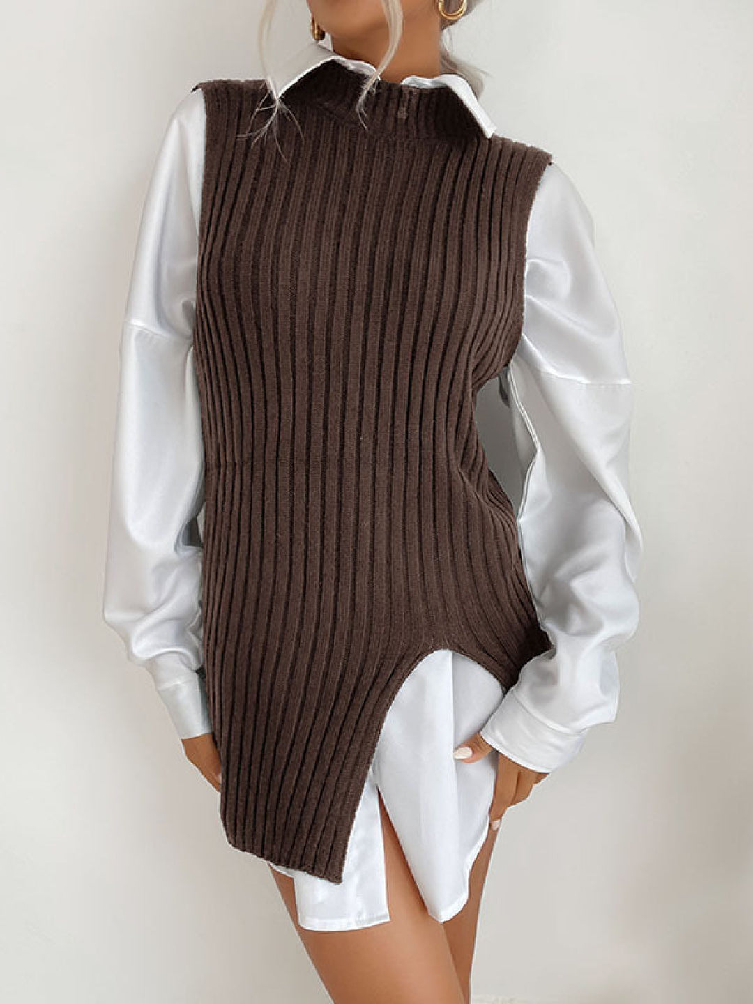 Solid Sleeveless Mockneck Side-Slit Knit Vest Dress without Belt