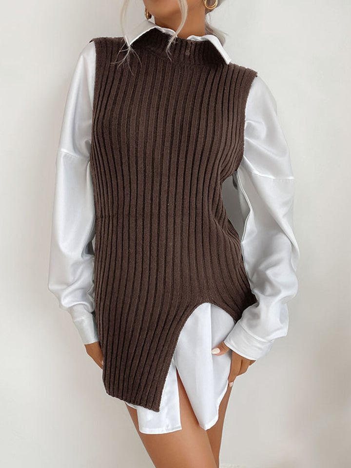 Solid Sleeveless Mockneck Side-Slit Knit Vest Dress without Belt