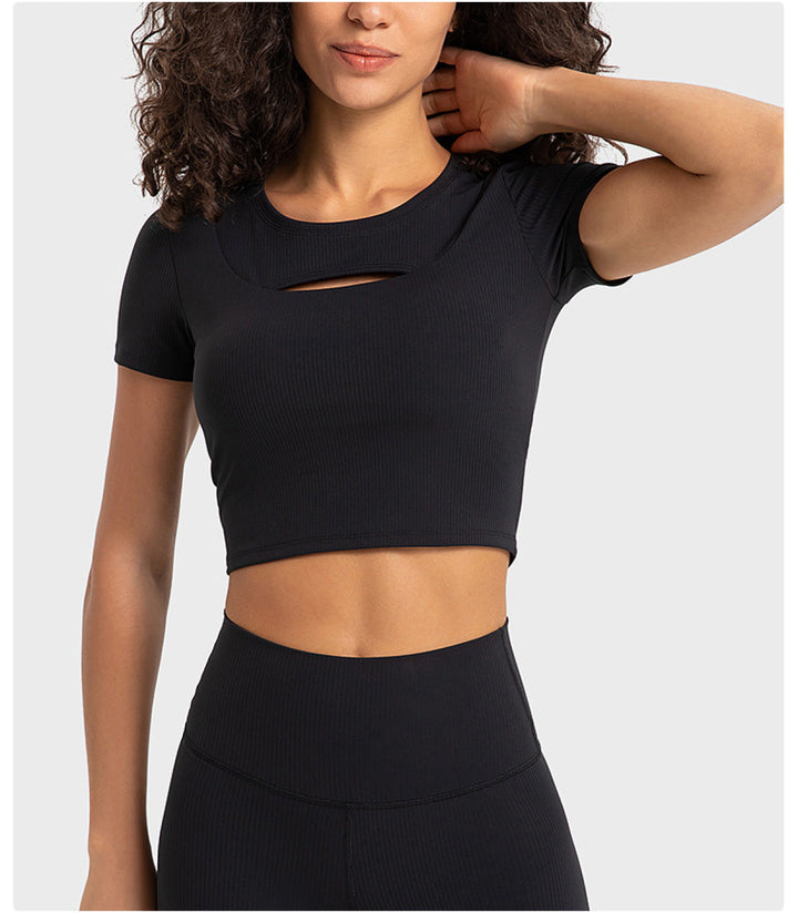 Solid Ribbed Round Neck Cut Out Crop Active Top