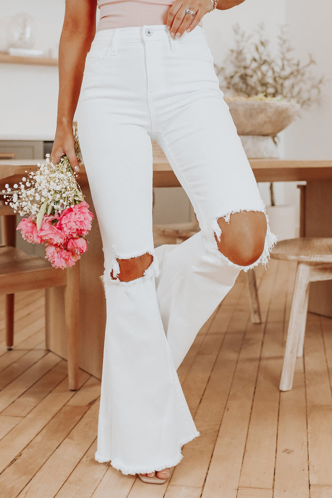 White Ripped Knee Frayed Flare Jeans