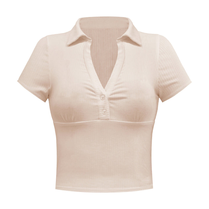 Solid Short Sleeve Buttoned V Neck Crop Top