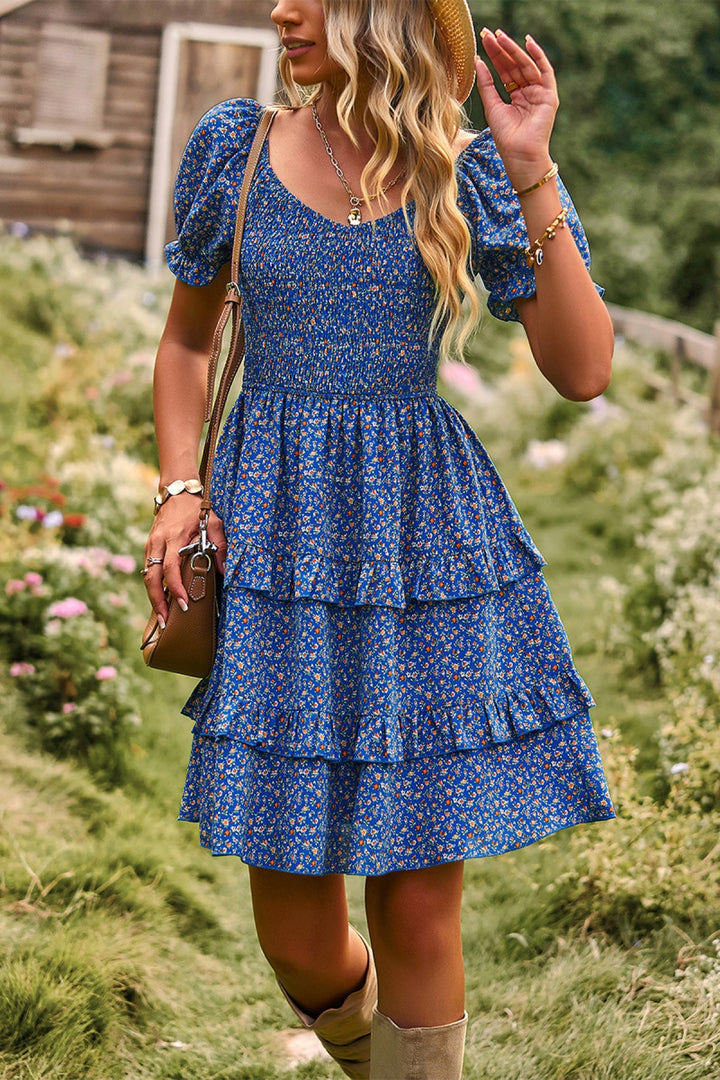 Floral Off-the-shoulder Puff Sleeve Tiered Dress