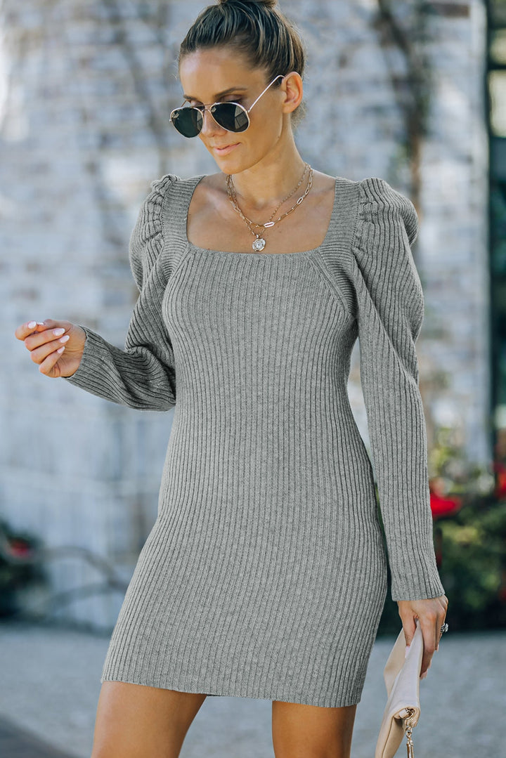 Square Neck Puffy Sleeve Sweater Dress
