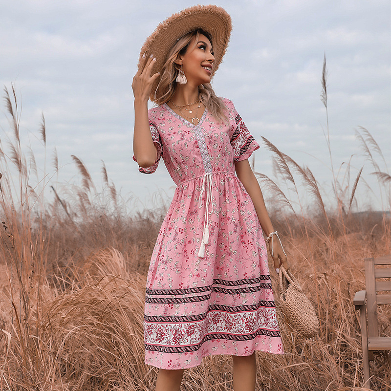 Boho Pink V-Neck Tassel Floral Dress
