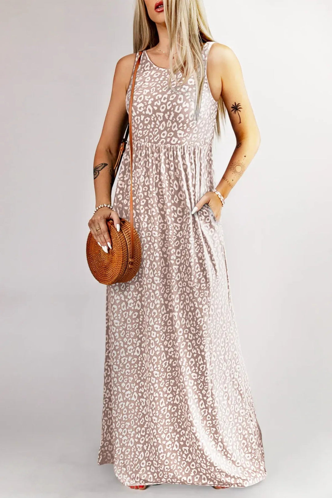 Leopard Print Pocketed Sleeveless Maxi Dress